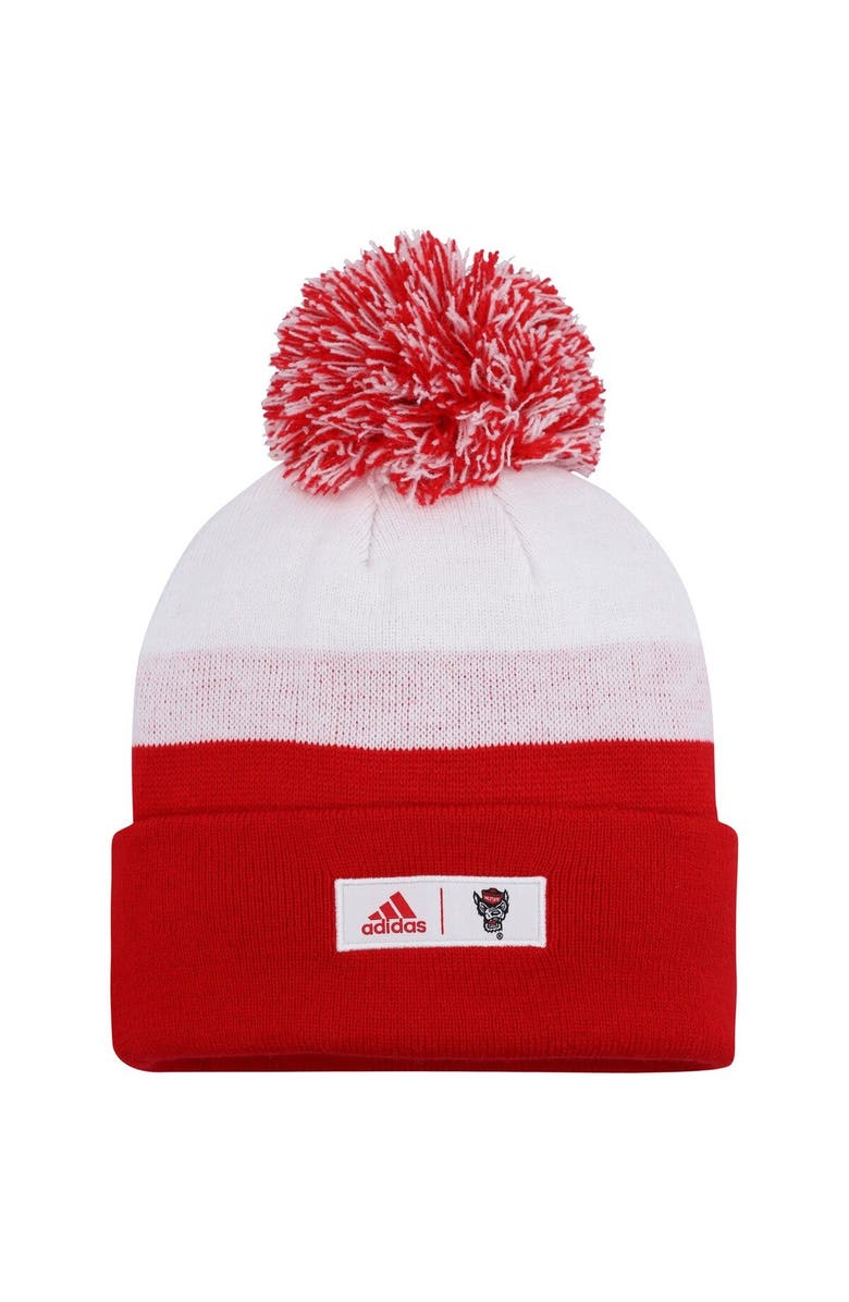 adidas Men's adidas Red/White NC State Wolfpack Colorblock Cuffed Knit Hat with Pom, Main, color,