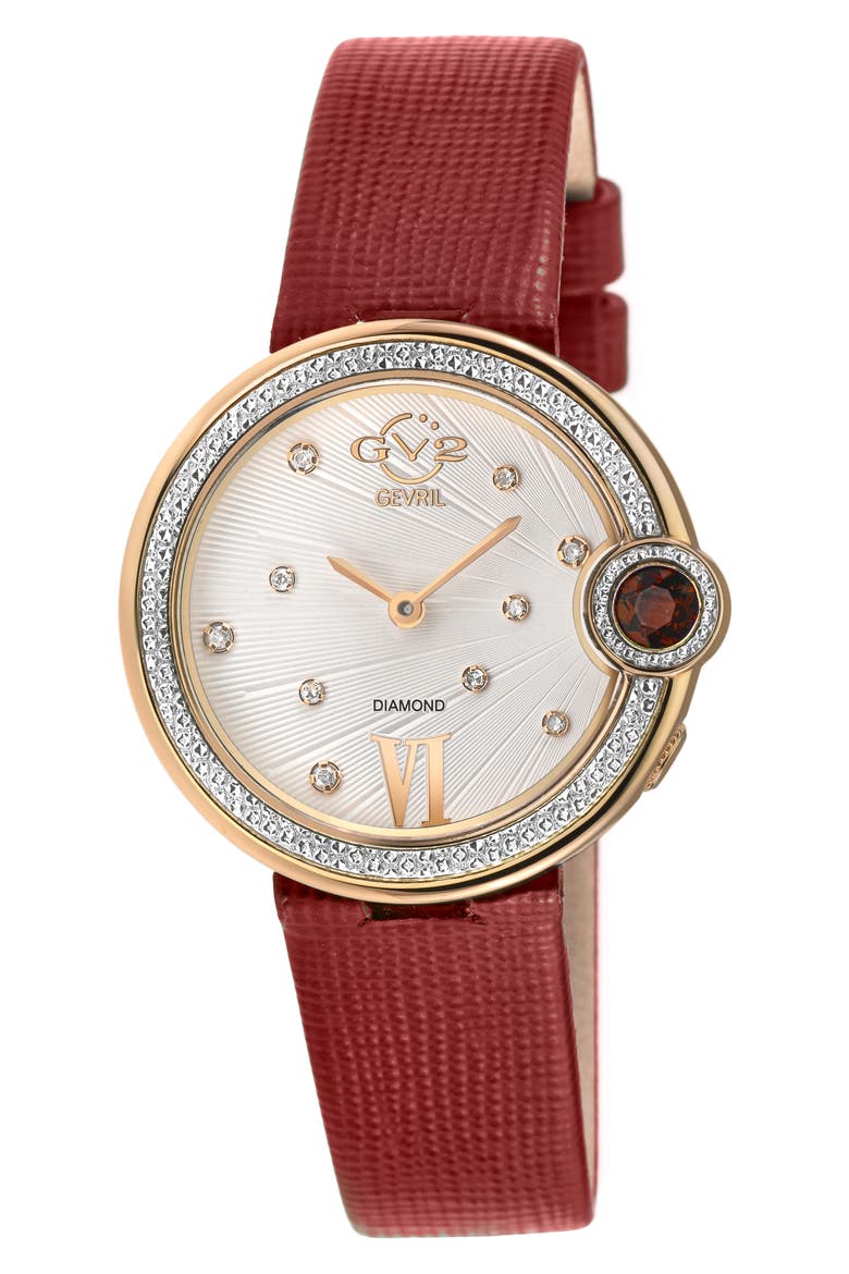 Perugia Diamond Leather Strap Watch, 33mm - 0.10 ctw, Main, color, RED