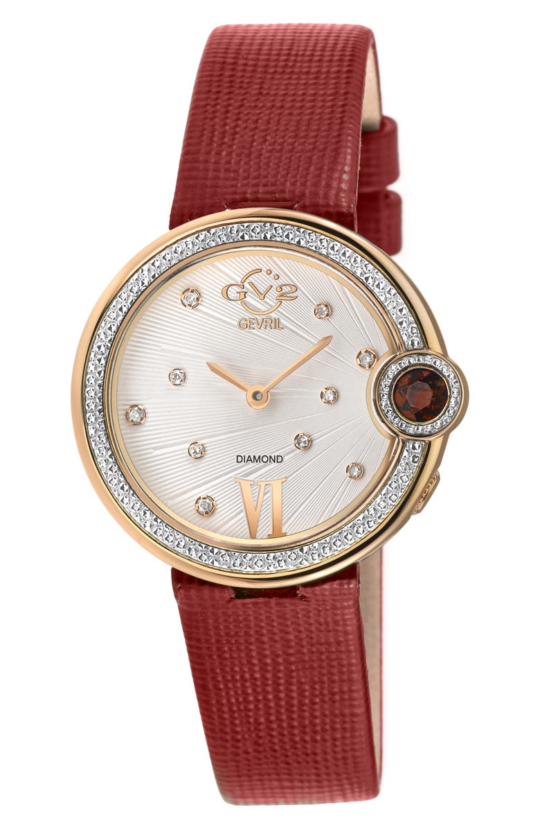 GV2 Perugia Diamond Leather Strap Watch, 33mm - 0.10 ctw, Main, color, Red