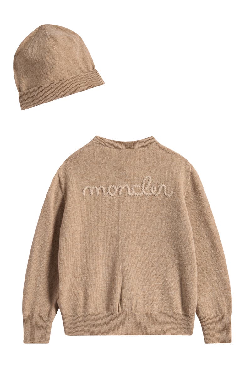 Kids' Virgin Wool & Cashmere Cardigan & Beanie Set, Alternate, color, BEIGE