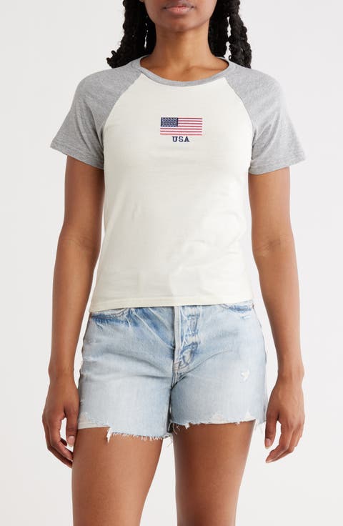 American Flag Embroidered Short Sleeve Cotton Baseball T-Shirt