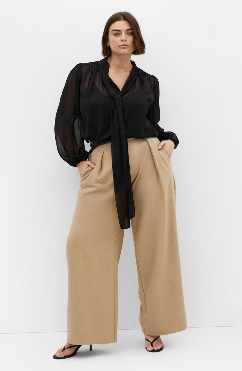 City Chic Seline Tie Neck Chiffon Shirt, Alternate, color, Black