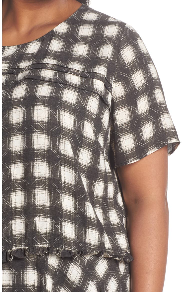Peplum Crepe Top, Alternate, color, BLACK- TAN AVA PLAID