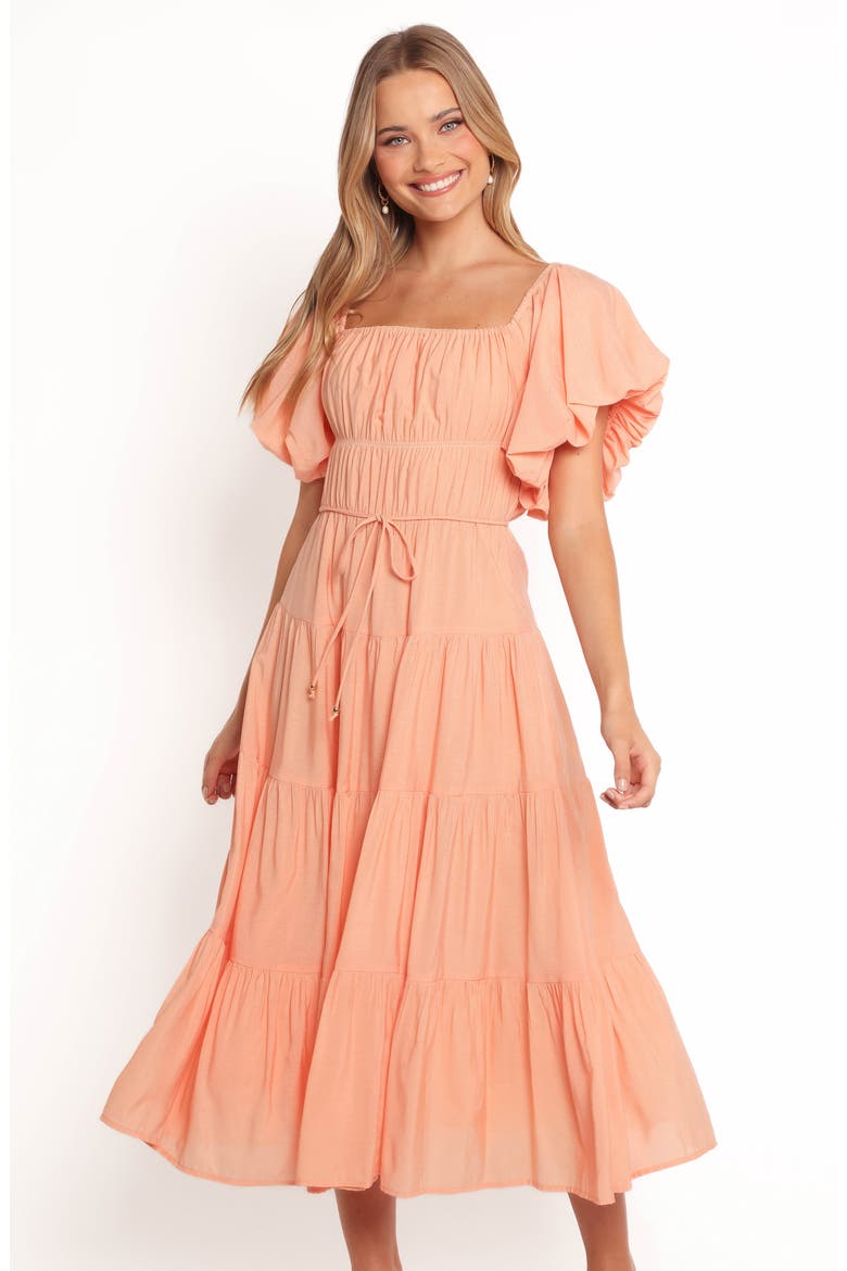 Julie Flutter Sleeve Tiered Midi Dress, Alternate, color, PEACH