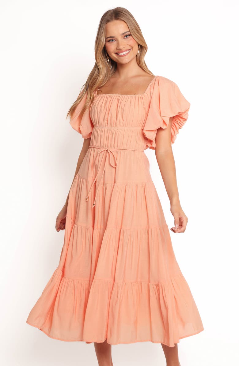 Petal & Pup Julie Flutter Sleeve Tiered Midi Dress, Alternate, color, Peach