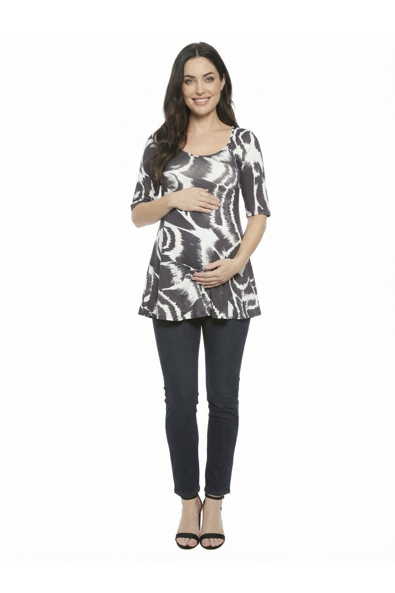 Maternity Abstract Scoop Neck Elbow Sleeve Tunic Top, Main, color, Black Multi