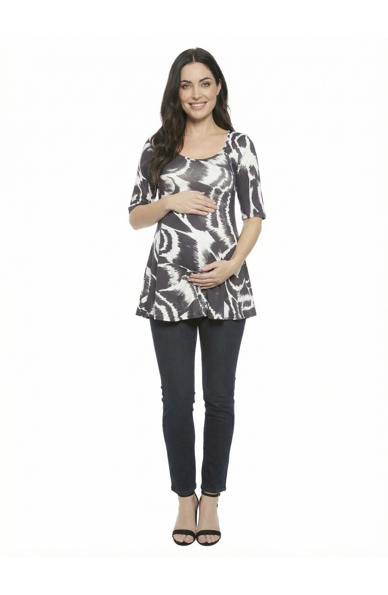 24seven Comfort Apparel Maternity Abstract Scoop Neck Elbow Sleeve Tunic Top, Main, color, Black Multi