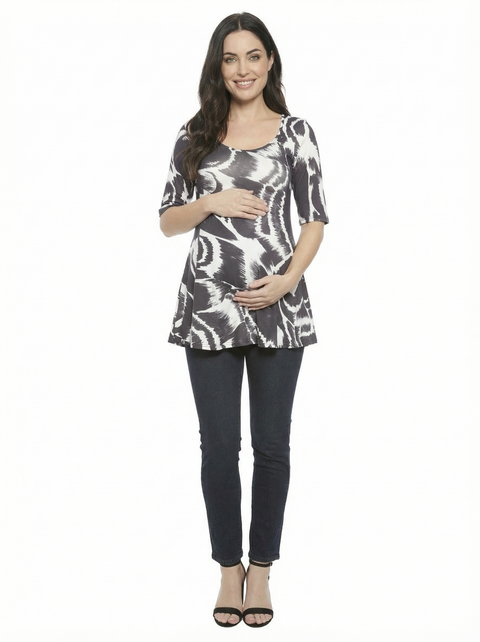 Maternity Abstract Scoop Neck Elbow Sleeve Tunic Top