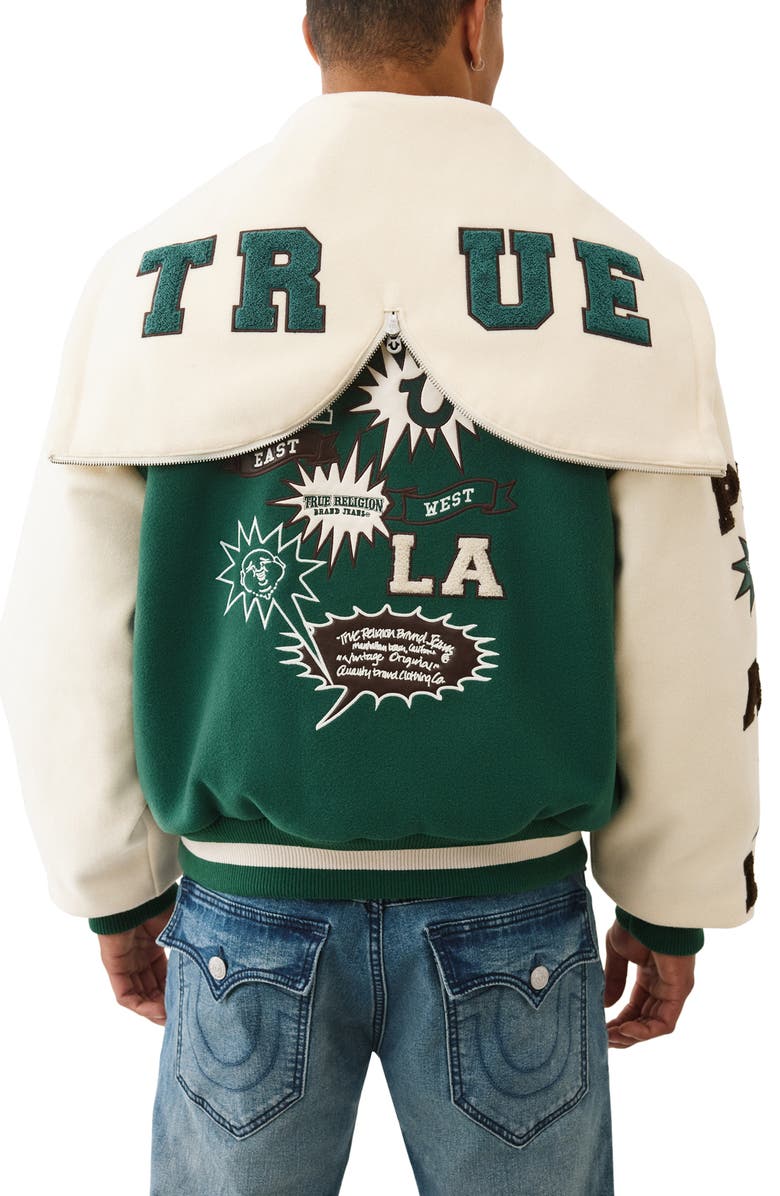 True Religion Cheer Varsity Jacket, Alternate, color, Evergreen / Winter White
