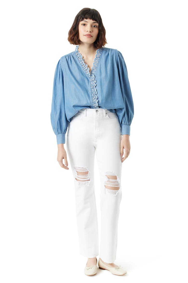 Briar Eyelet Trim Cotton Blend Button-Up Shirt, Alternate, color, JOHNSEN