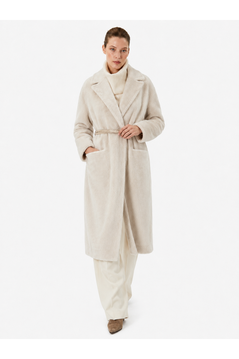 Serenade Reversible Merino Shearling Long Coat with Leather Belt, Alternate, color, Ivory