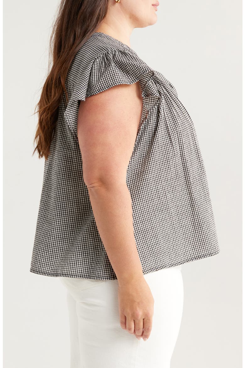 Gingham Flutter Sleeve Button-Up Top, Alternate, color, BLACK- IVORY GINGHAM