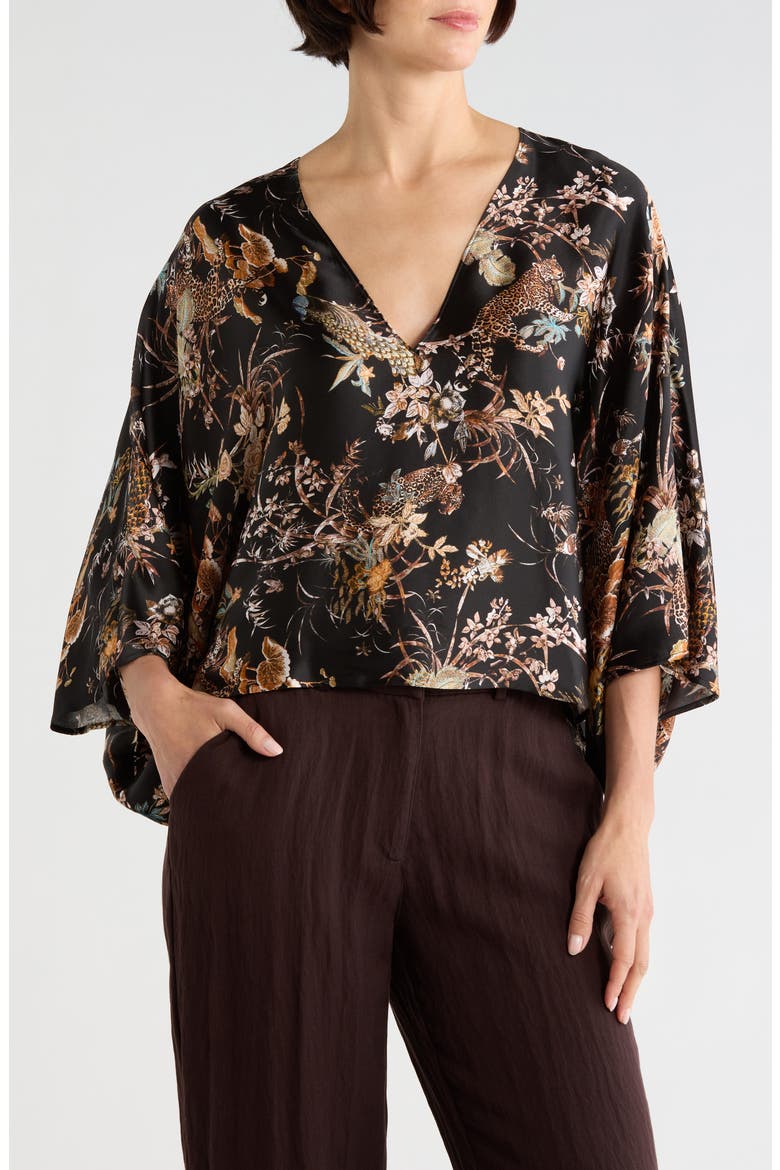 Parma Sleeve Silk Top, Main, color, BLACK MULTI TAPESTRY JUNGLE