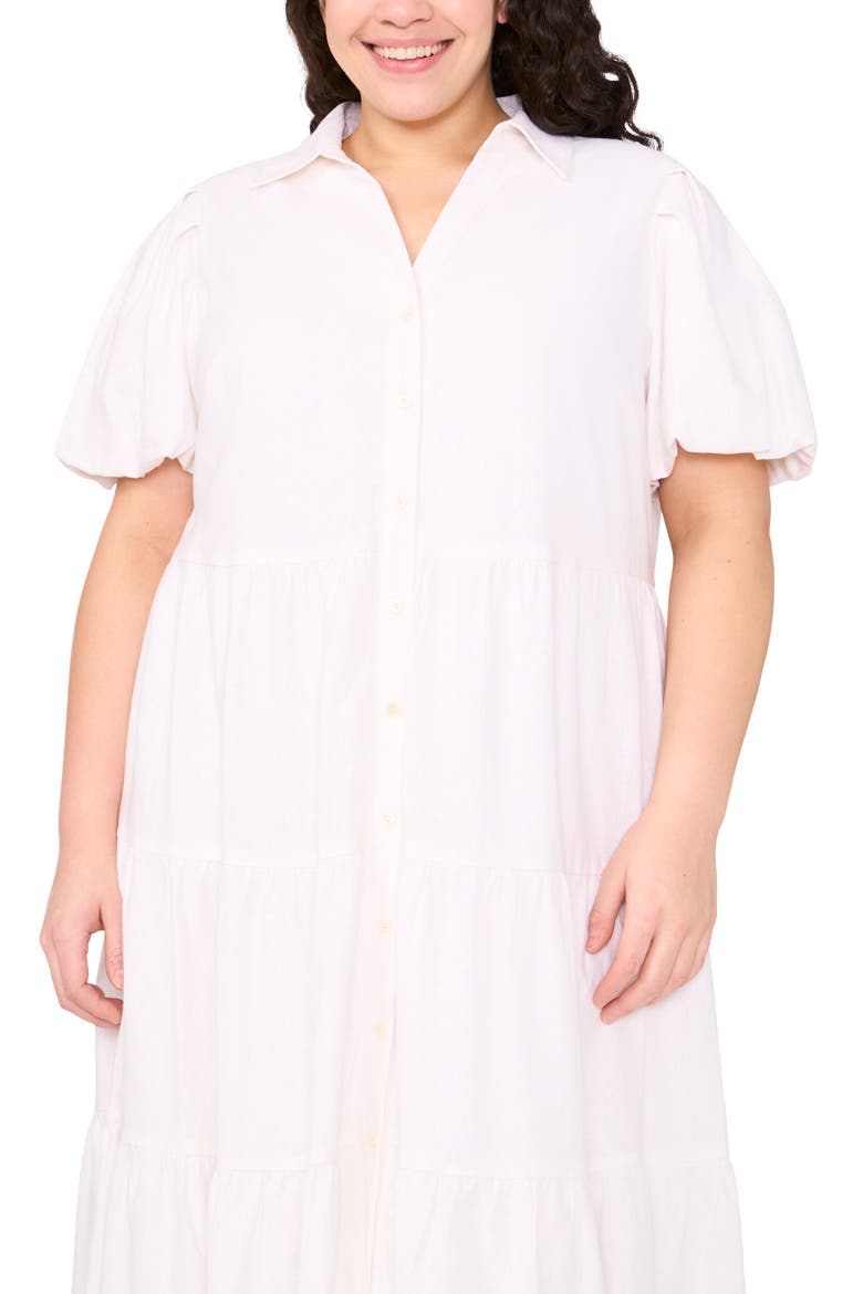 Puff Sleeve Tiered Linen Blend Maxi Shirtdress, Alternate, color, ULTRA WHITE
