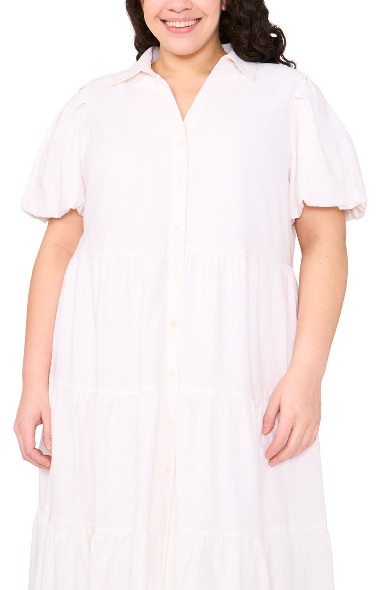 CeCe Puff Sleeve Tiered Linen Blend Maxi Shirtdress, Alternate, color, Ultra White