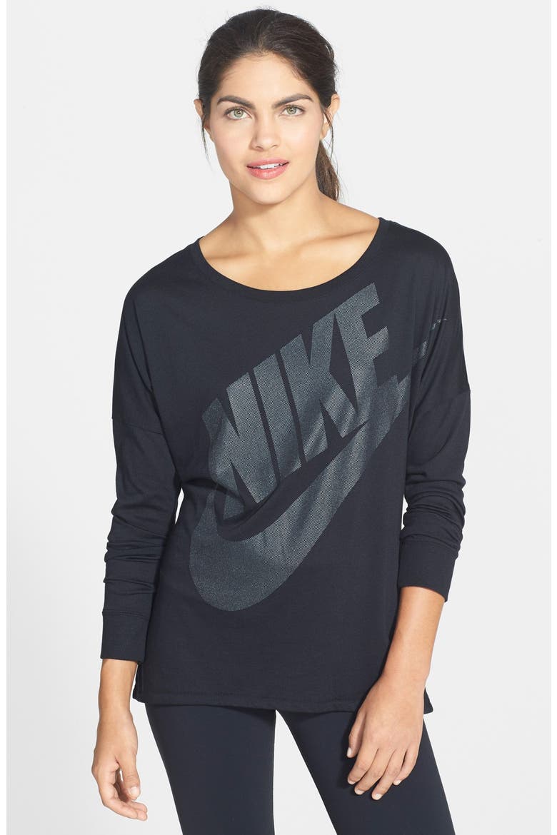 'Signal' Shine Long Sleeve Graphic Top, Main, color, BLACK