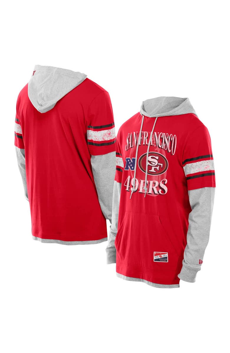 New Era Men's New Era Scarlet San Francisco 49ers Twofer Layered Long Sleeve Hoodie T-Shirt, Main, color, Scarlet