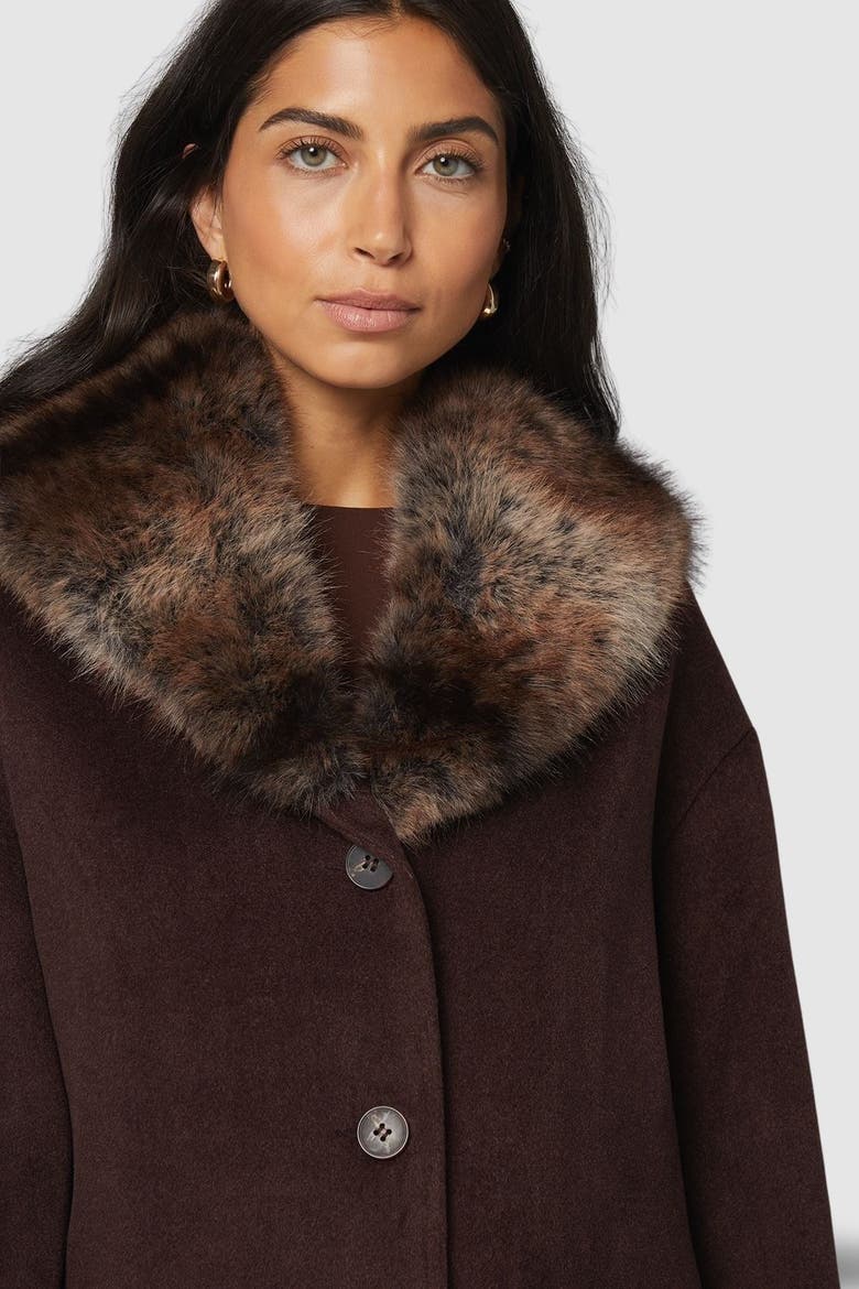 Faux Fur Collar Tab Cuff Coat, Alternate, color, Chocolate