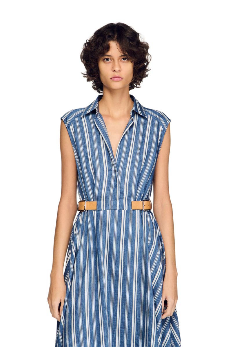 SANDRO Striped maxi dress with leather tab, Alternate, color, Blu / White