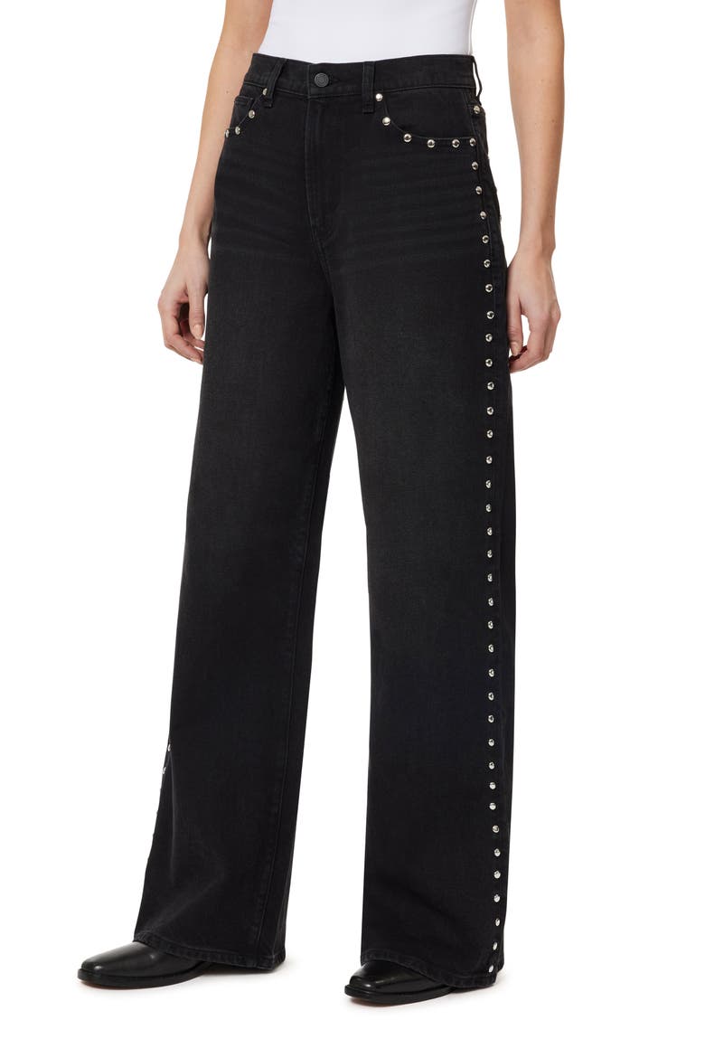Gemma Studded High Waist Wide Leg Jeans, Main, color, JET BLACK