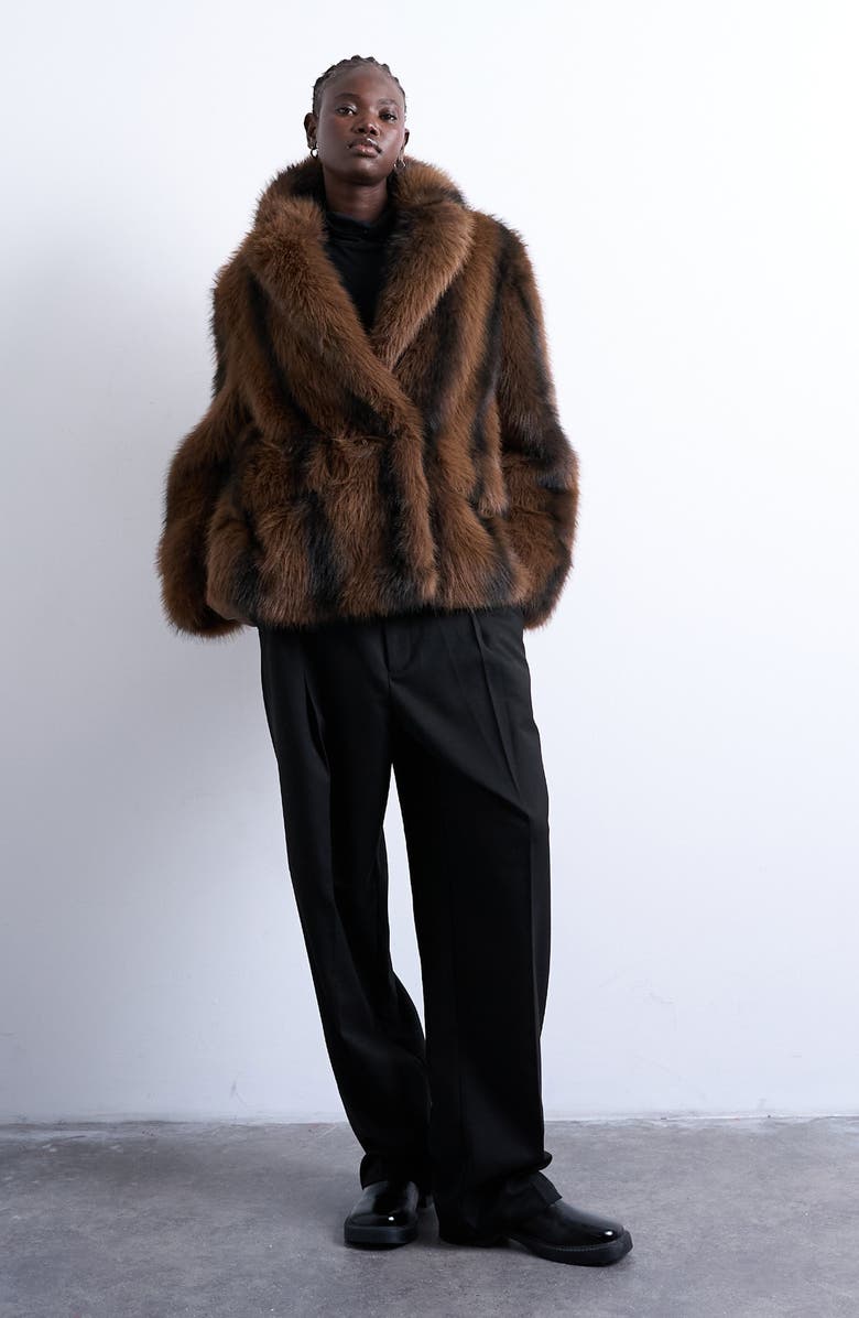 Topshop Stripe Faux Fur Jacket, Alternate, color, Brown