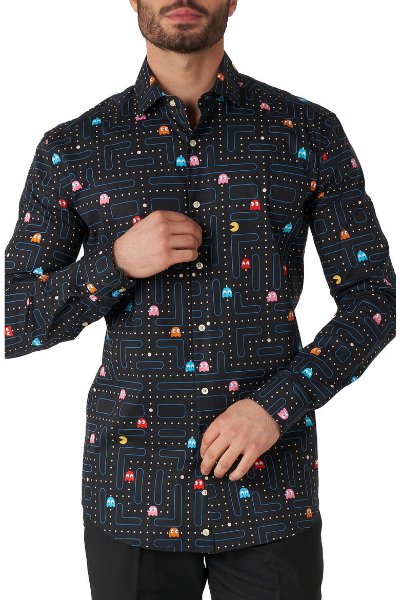 Pac-Man Button-Up Shirt, Main, color, BLACK
