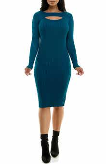 Nina Leonard Ribbed Cutout Long Sleeve Sweater Dress