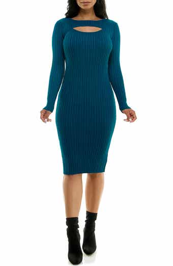Nina Leonard Ribbed Cutout Long Sleeve Sweater Dress
