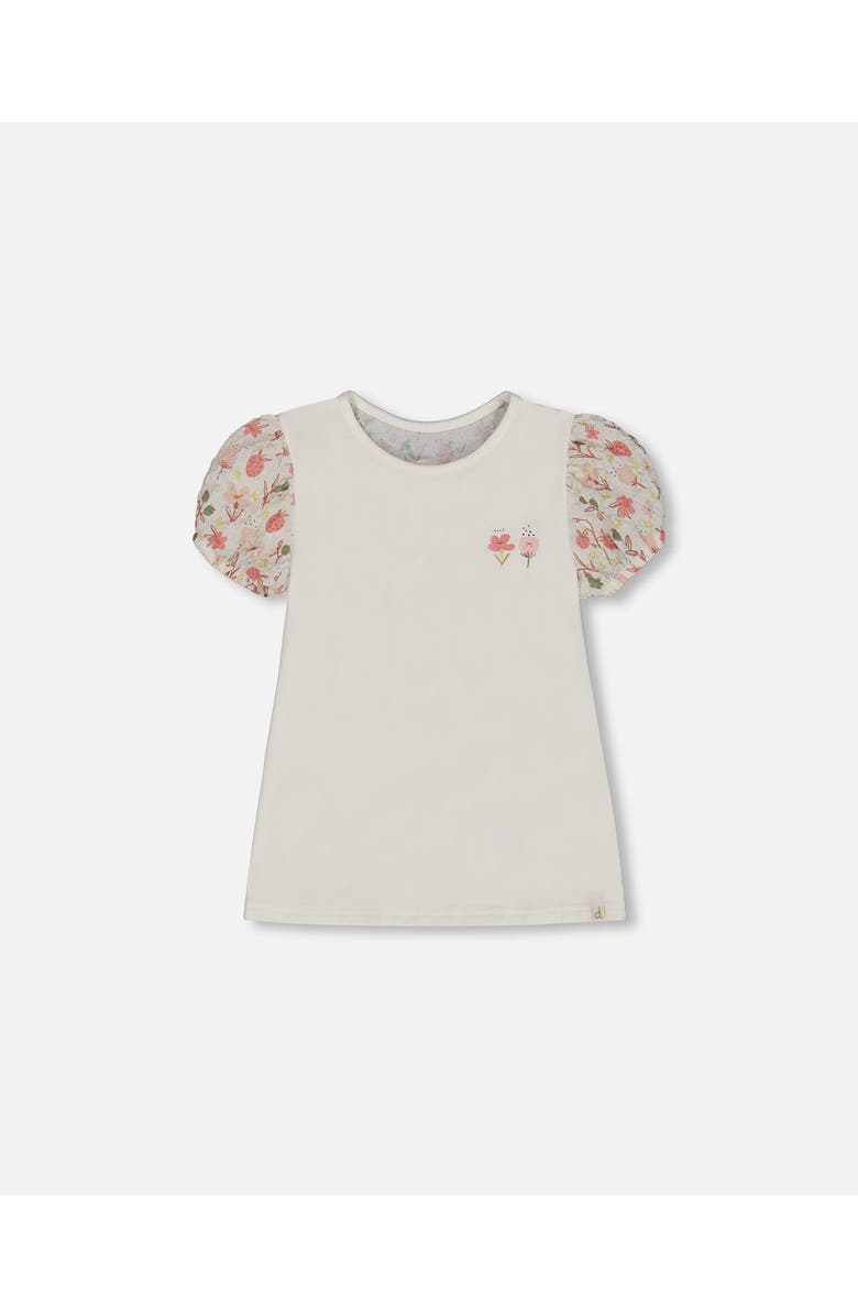 Deux par Deux Little Girl's Bi-Material Organic Cotton Top With Puff Sleeve Pink Flowers On Cream Background, Main, color, 