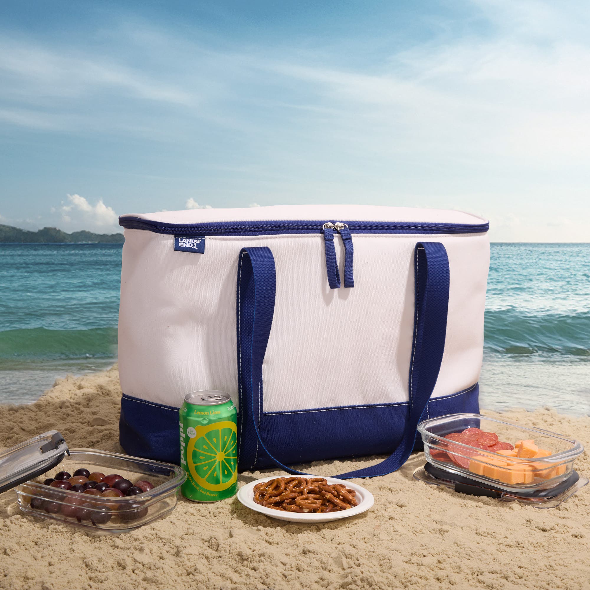 Lands' End Rectangular Large Cooler Bag Insulated 8 Gal, Canvas Soft Cooler with Tote Handles and Zip Closure, Alternate, color, Navy