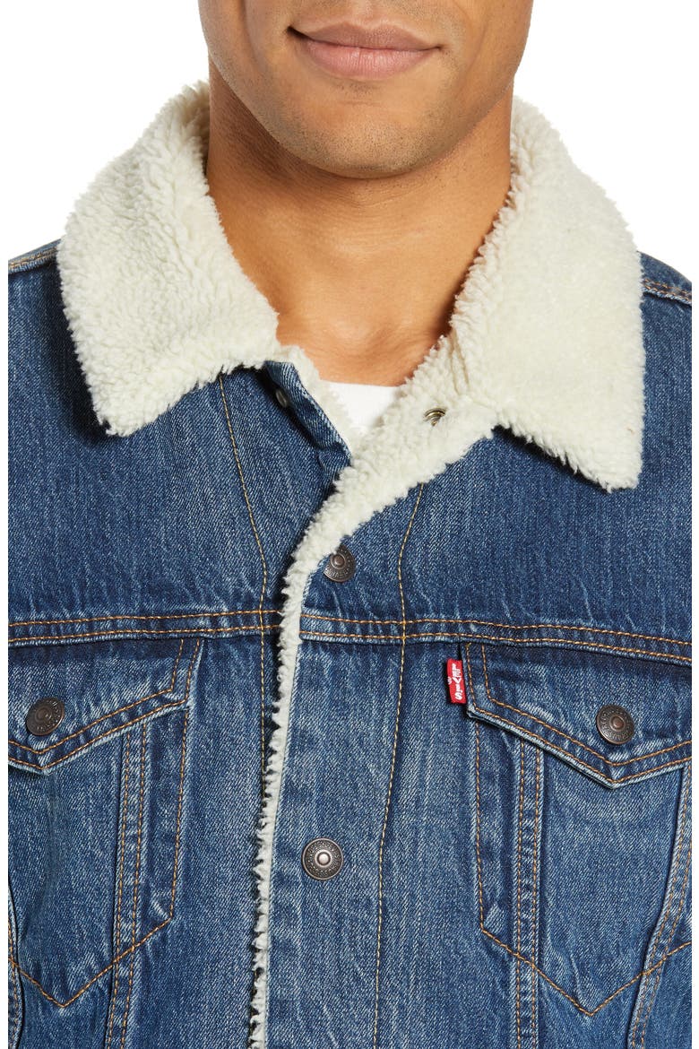 Levi's® Faux Shearling Trim Denim Trucker Jacket, Alternate, color, MAYZE
