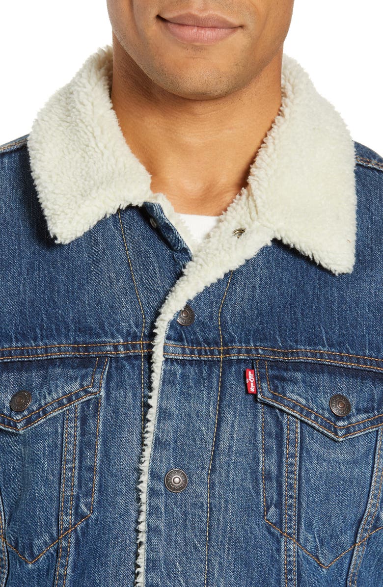 Levi's<sup>®</sup> Faux Shearling Trim Denim Trucker Jacket, Alternate, color,