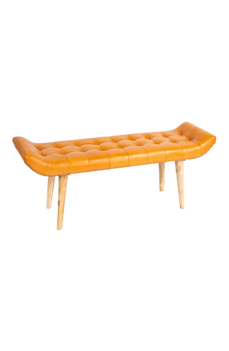 Storied Home Wood and Goat Leather Bench, Camel Color, Main, color, Natural