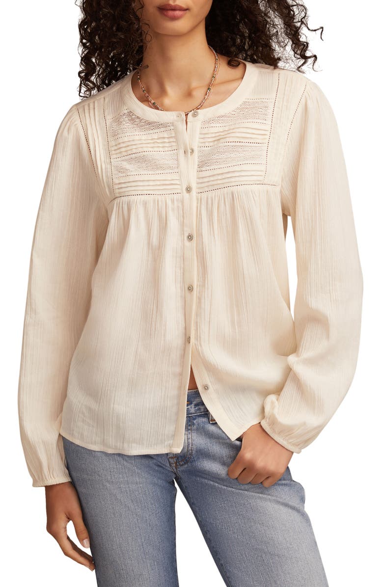 Lucky Brand Lace Inset Cotton Button-Up Peasant Top, Main, color, Whisper White
