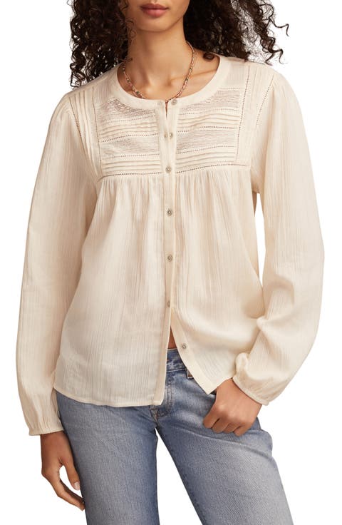 Lace Inset Cotton Button-Up Peasant Top
