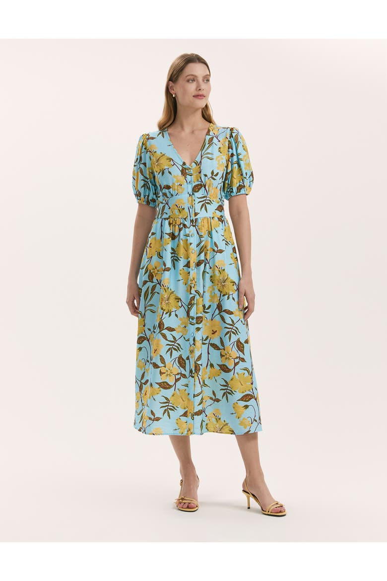 QAddison Floral Linen Blend Midi Dress, Main, color, Blue Floral