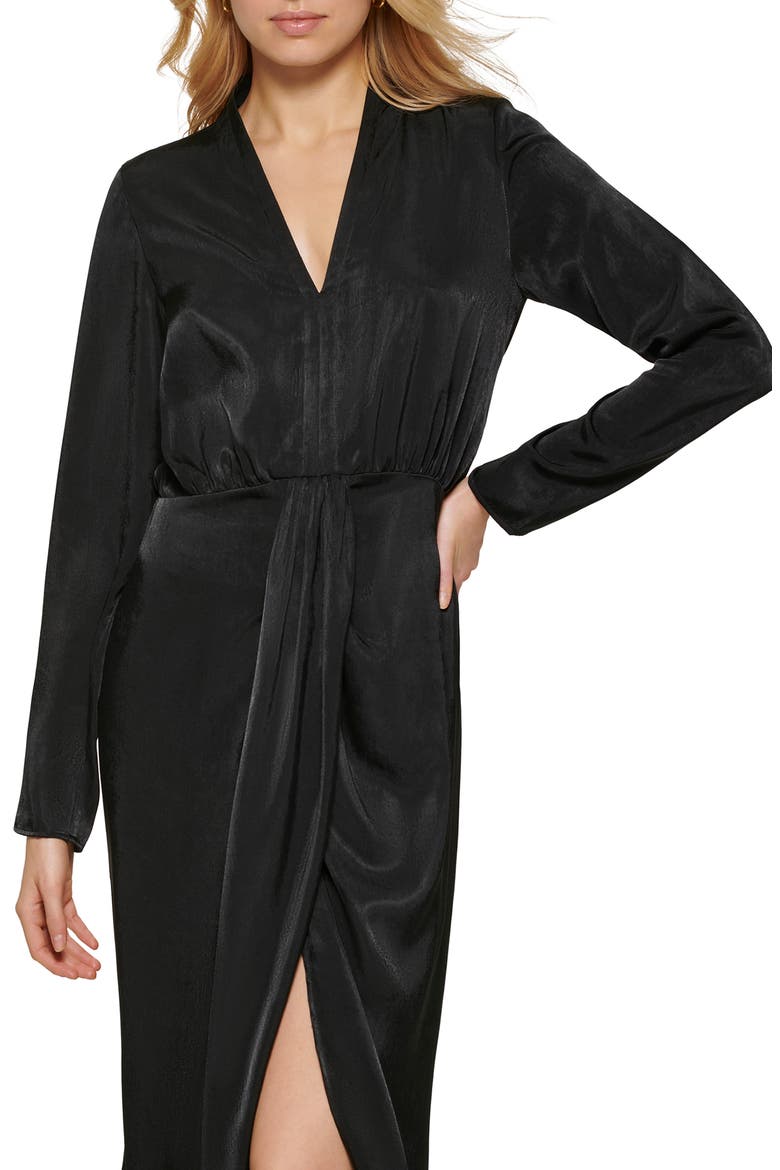 Gathered Long Sleeve Faux Wrap Dress, Alternate, color, BLACK