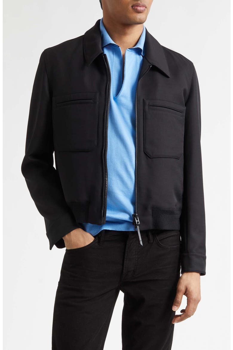 Lacquered Wool & Silk Tricotine Battle Jacket, Main, color, BLACK