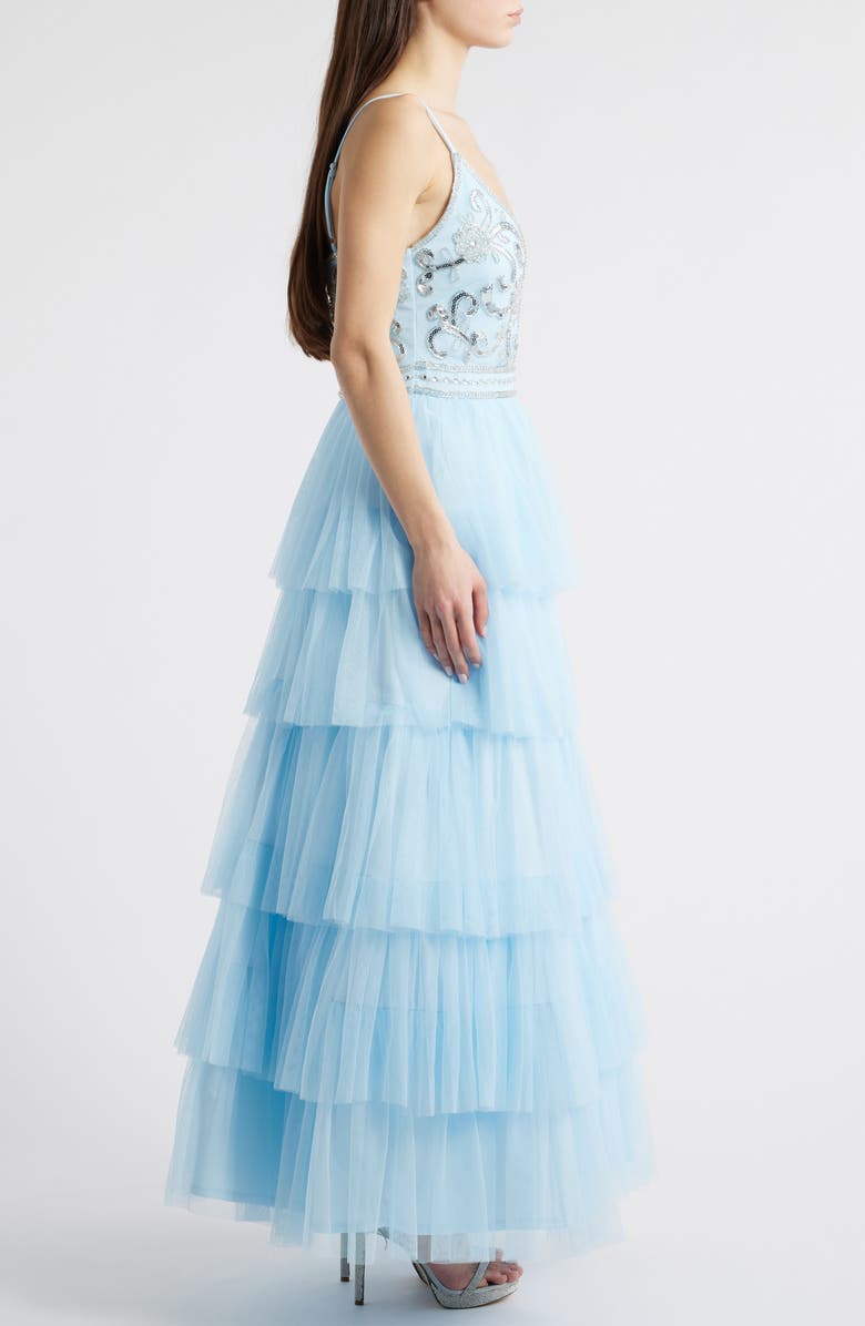 Jump Apparel Beaded Bodice Ruffle Tulle Gown, Alternate, color, Light Blue