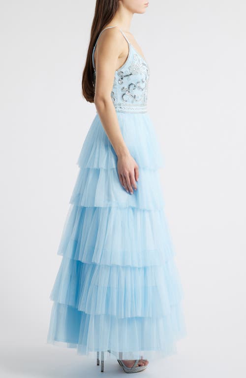 Jump Apparel Beaded Bodice Ruffle Tulle Gown In Light Blue