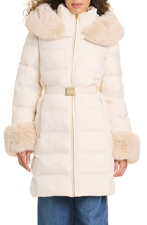 Belted Puffer Coat with Removable Faux Fur Trim