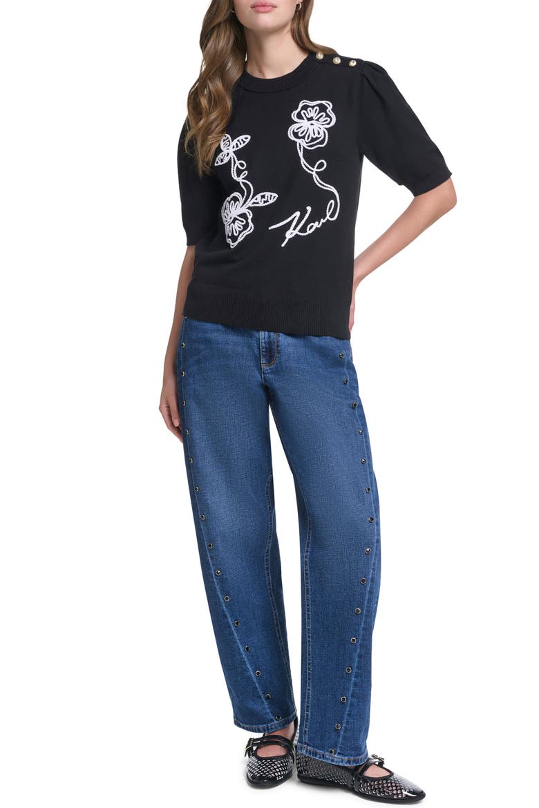 Floral Stitch Short Sleeve Cotton Blend Sweater, Alternate, color, BLACK/ SOFT WHITE