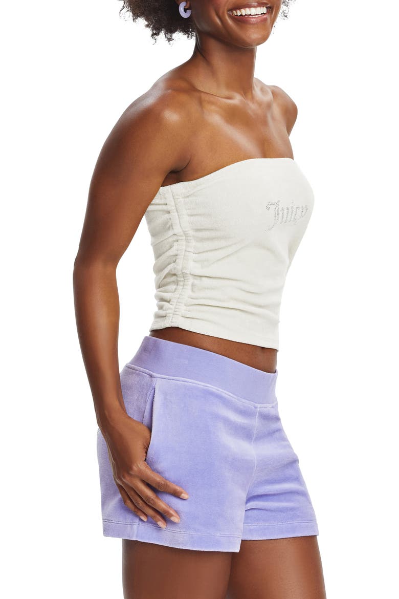 Rhinestone Logo Ruched Tube Top, Alternate, color, CREAM SODA