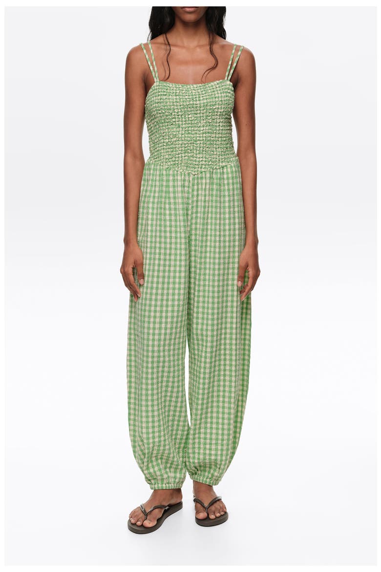 Checked Gathered Balloon Jumpsuit, Main, color, GREEN