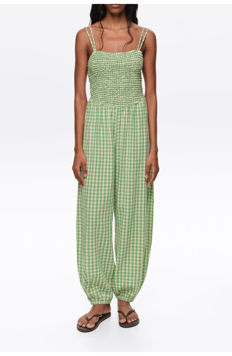 Bimba y Lola Checked Gathered Balloon Jumpsuit, Main, color, Green