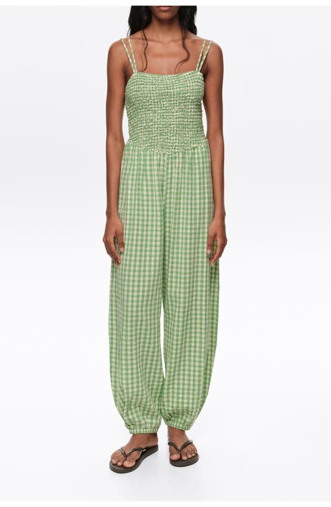 Checked Gathered Balloon Jumpsuit