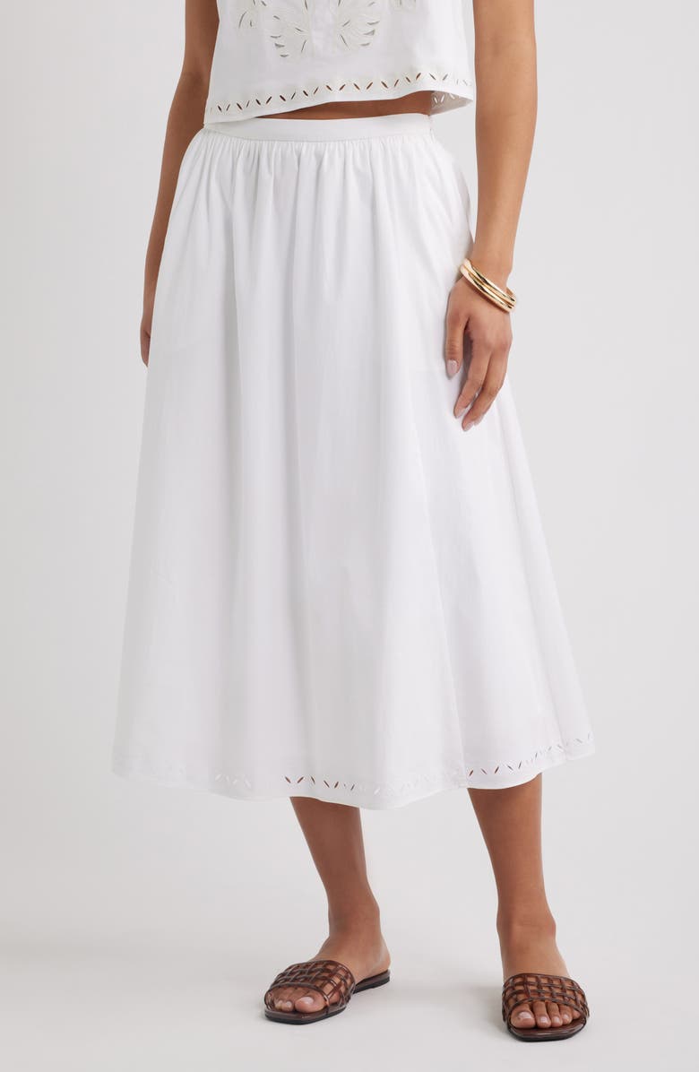 Open Edit Embroidered Stretch Cotton Poplin Midi Skirt, Main, color, White