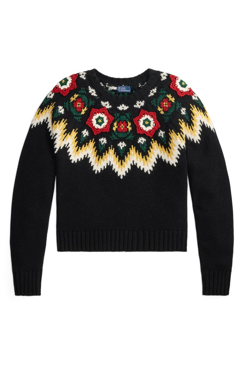 Crocheted Floral Wool & Cotton Sweater, Alternate, color, BLACK