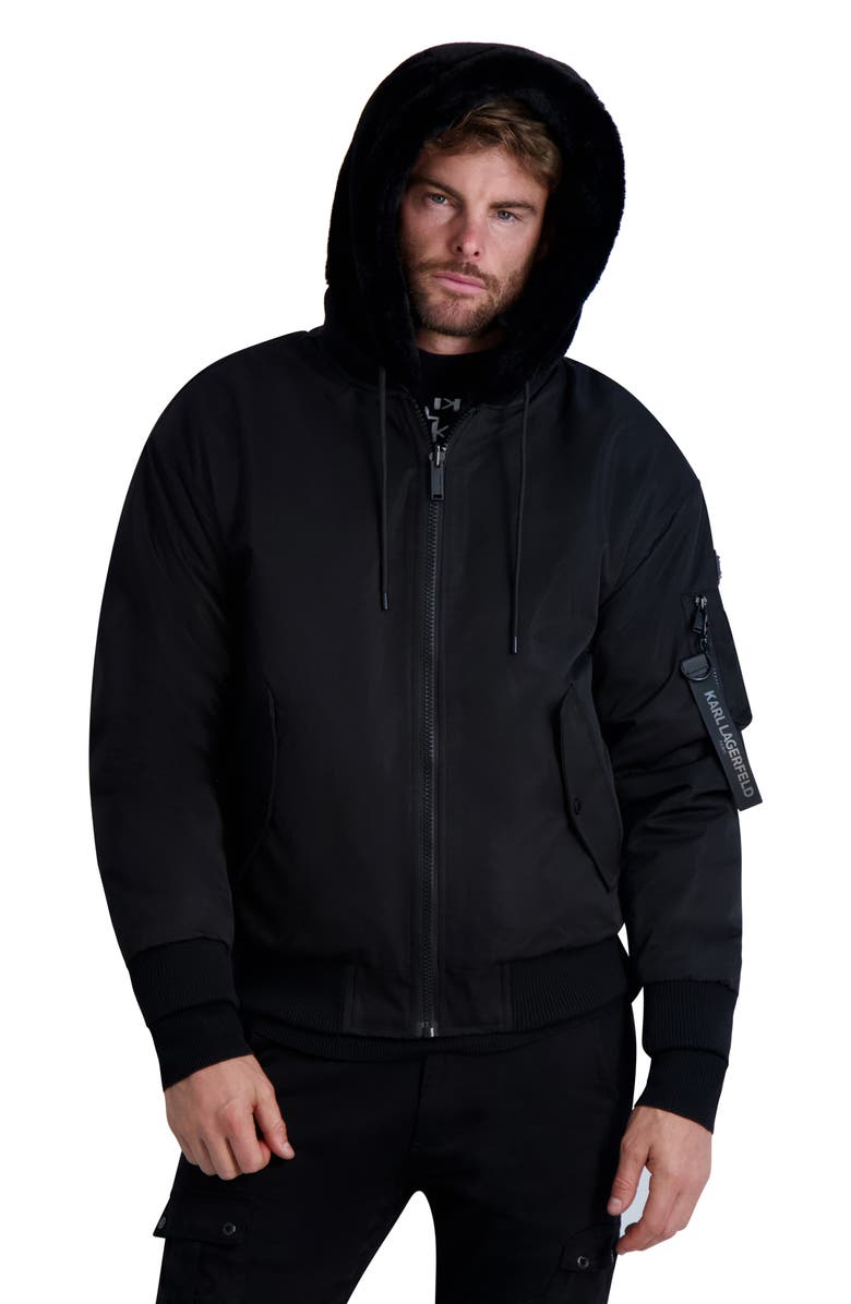 KARL LAGERFELD PARIS Reversible Faux Fur Hooded Bomber Jacket, Alternate, color,