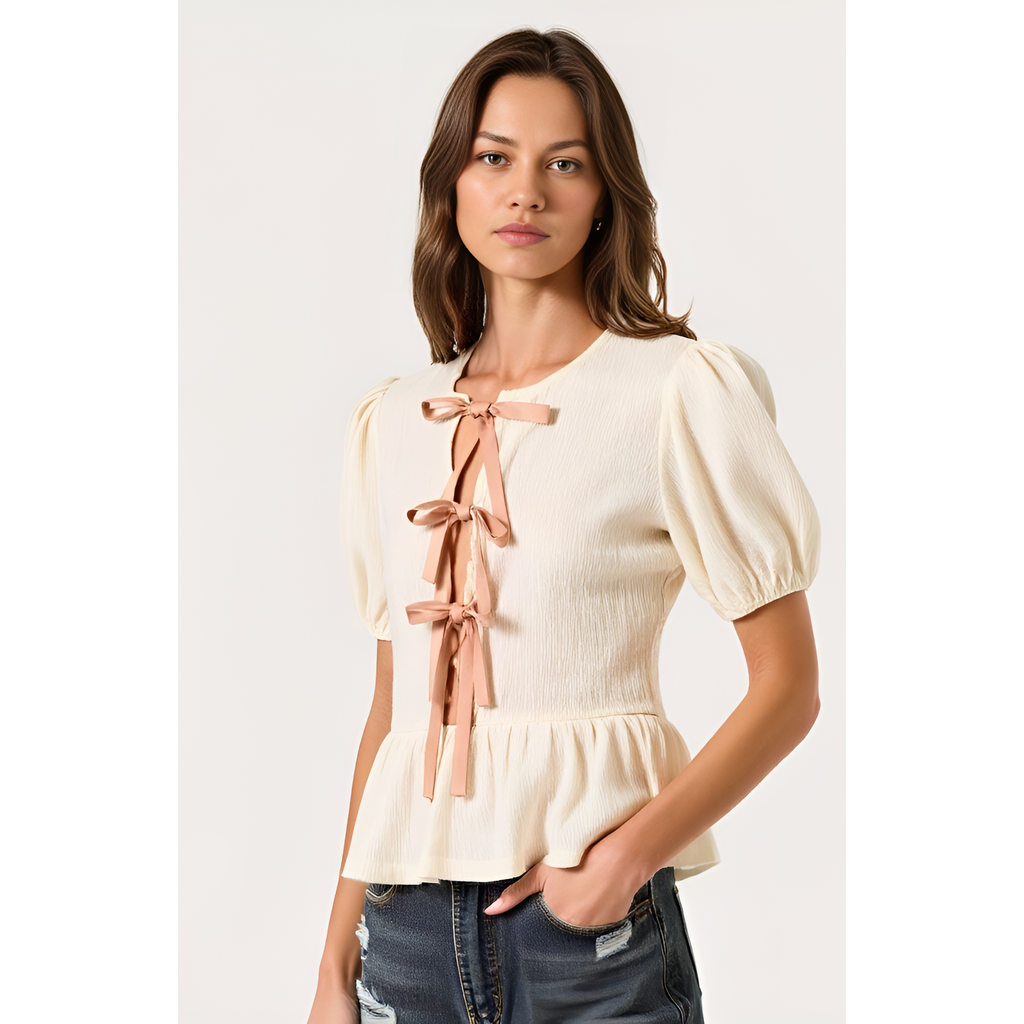 Modenaire Puff-sleeve Peplum Blouse With Bow-tie Front Detail In Off-white/cream